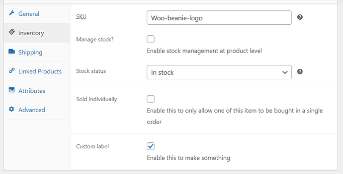 Product inventory checkbox in WooCommerce